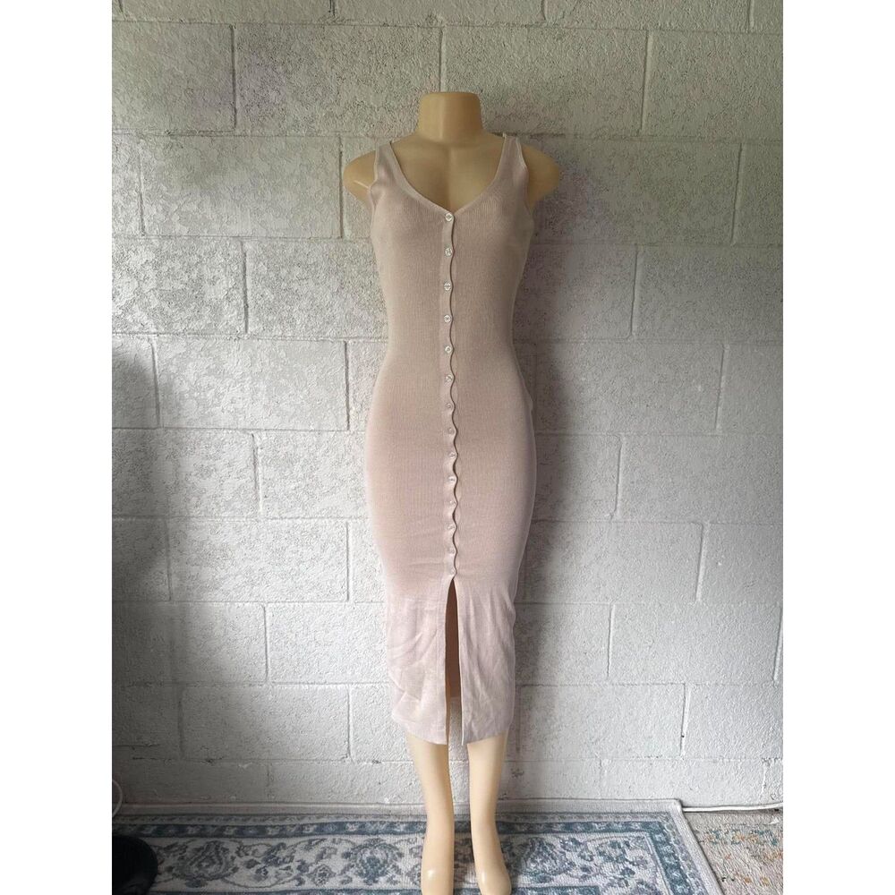 Forever 21 Beige Nude Ribbed Button Front Bodycon Midi Dress XS